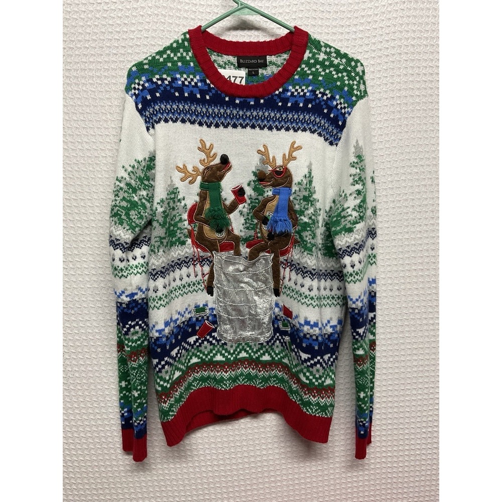 Blizzard Bay Men's Ugly Christmas Sweater Size L‎ With Pocket In Front Reindeer